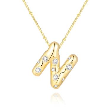 Imagem de Zeera Lumina Colar com letra de bolha, colares de ouro com inicial para mulheres, meninas, pingente de alfabeto de zircônia cúbica delicada, banhado a ouro 14 K, corte bufante, nome personalizado,