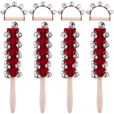 Imagem de 8 peças de sinos de trenó de Natal, sinos de mão de madeira com alças para música de férias, decoração de festa, presentes de aniversário, sinos festivos para celebração de Natal (vermelho)