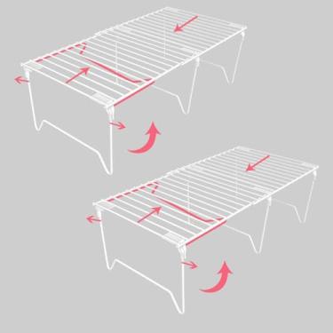 Imagem de BUWZUJR Conjunto de organizador de freezer de 1/2 peças, prateleiras organizadoras de armário empilháveis, prateleira de despensa dobrável, prato, prato, organizador de armazenamento de metal à prova