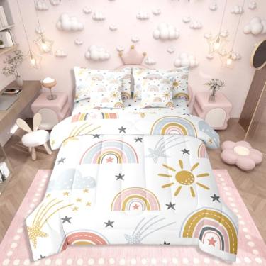 Imagem de Erosebridal Conjunto de edredom solteiro com estampa de arco-íris, sol e estrelas, para crianças, adolescentes, mulheres, desenho animado, nuvem, em uma bolsa, de microfibra macia, respirável