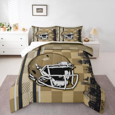 Imagem de Jogo de cama Queen com estampa de futebol americano, futebol americano, rúgbi, bola esportiva, capacete, jogos competitivos, europeu, preto, cáqui, marrom (Nova Orleans)