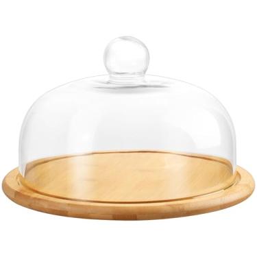 Imagem de Wood Cake Stand with Lid, Round Cake Container, Ball Top Handle Covered Cake Stand, Glass Dome Cover Dessert Table Display Set for Cheese, Chips & Dips, Fruit Platter