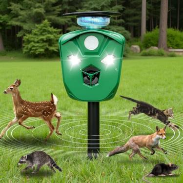 Imagem de Repelente solar ultrassônico de animais ao ar livre – cobertura de 360°, alimentação dupla (solar/USB), 3 sensores PIR e 6 luzes intermitentes | Dissuasor à prova d'água para gatos, veados, guaxinins
