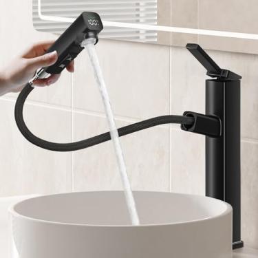 Imagem de HANLIAN Torneira de pia de vaso de alça única com pulverizador de puxar, torneira de banheiro de orifício único alta com visor digital de temperatura, torneiras de banheiro de 3 modos de altura 1