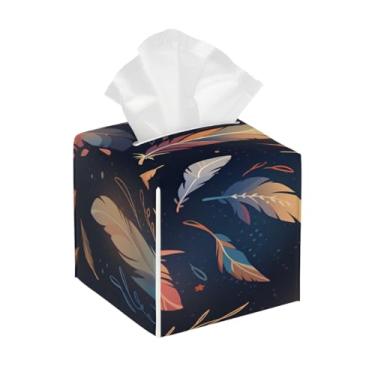 Imagem de Suporte quadrado de couro para caixa de lenços de papel, impermeável, penas, colorido, retrô, facial, organizador com cinto inferior, estojo de lenços para mesa, banheiro, escritório, mesa, carro