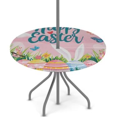 Imagem de hongjinglin Toalha de mesa de Páscoa para uso ao ar livre com orifício para guarda-chuva, toalha de mesa redonda elástica com zíper, impermeável, limpável, para piquenique, festa, pátio, serve para