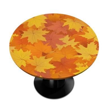 Imagem de hongjinglin Toalha de mesa redonda com bordas elásticas, folhas douradas, toalha de mesa redonda para decoração de cozinha de 101 a 111 cm