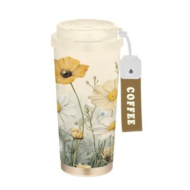 Imagem de SEHANY Caneca de viagem colorida de ervas silvestres de 500 ml Copos de café reutilizáveis revestidos de cerâmica com tampa à prova de vazamento, parede dupla, isolamento a vácuo, copo de café de aço