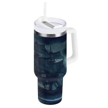 Imagem de Blueangle Copo isolado de 850 g com alça e tampa de canudo - Caneca de viagem de aço inoxidável à prova de vazamento, garrafa de água de navio pirata a vácuo de parede dupla (870)