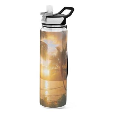 Imagem de Blueangle Garrafa de água esportiva Coconut Palms de 940 ml com tampa de canudo - Garrafas de água reutilizáveis Tritan sem BPA para academia, caminhadas e atividades ao ar livre (173)
