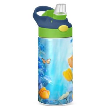 Imagem de Blueangle Garrafa de água de borboletas azuis de aço inoxidável isolada de 350 ml com tampa de canudo - Garrafa esportiva reutilizável à prova de vazamento para viagens, ao ar livre (415)