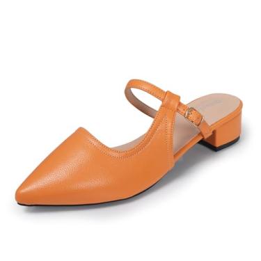 Imagem de qibusleen Sandálias femininas de bico fino com alça ajustável de 3,5 cm salto baixo grosso salto casual chinelo feminino vestido de couro diário Sling Back Mule Shoes, Laranja vibrante, 38
