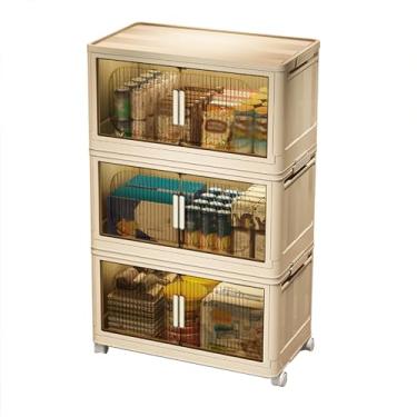 Imagem de SPXMQSS Caixa de armazenamento com tampa, caixas de armazenamento empilháveis com abertura frontal, caixas de armazenamento de plástico dobráveis com portas e rodas magnéticas, para quarto, sala de