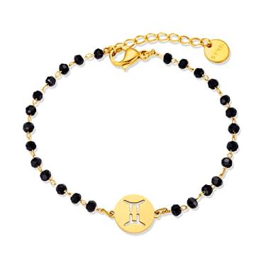 Imagem de Pulseira feminina do signo do zodíaco, pingente de signo do zodíaco de aço inoxidável dourado, pulseira de corrente de contas pretas e signo do zodíaco, presentes adequados para mulheres, One Size
