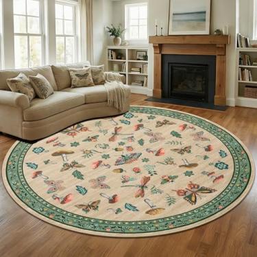 Imagem de Tapete redondo de insetos de cogumelo de 2,4 m, lavável, antiderrapante, macio, ultrafino, grande, boho, para entrada, cozinha, quarto, berçário, sala de jantar, cáqui, verde