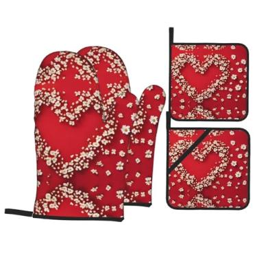 Imagem de Conjunto de luvas de cozinha com estampa de flores de coração com suportes de tampa, luvas de forno resistentes ao calor para manusear panelas quentes, grelhar, churrascos, kit de 4 peças.