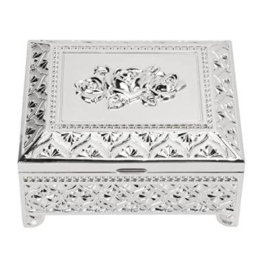 Imagem de Caixa de joias vintage com padrão rosa em relevo, camada única, flip top, liga de zinco, caixa de armazenamento de joias, caixa de presente para mulheres e meninas (Prata)