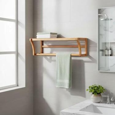 Imagem de HEIMON Prateleira Porta Toalhas de Bambu 60cm para Banheiro, Suspensa Parede, Organização Multifuncional