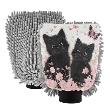 Imagem de STAYTOP Linda luva de microfibra para lavagem de carro de gato preto e borboleta, 2 peças sem arranhões, sem fiapos, luva de microfibra de chenille premium escova para lavagem de carro - G