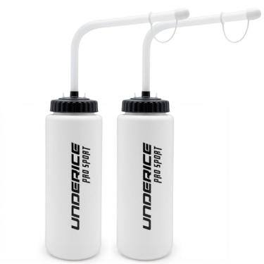 Imagem de UICE Garrafa de água com canudo, garrafas de compressão fácil de 1 litro para hóquei com canudo longo curvado embutido no dedo, garrafa de água esportiva para futebol, lacrosse, boxe, fitness-branca