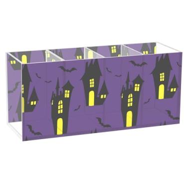 Imagem de Burbuja Porta-canetas de acrílico Spooky Haunted Houses, 4 compartimentos, suporte de lápis transparente para pincéis de maquiagem, acessórios de mesa de escritório em casa