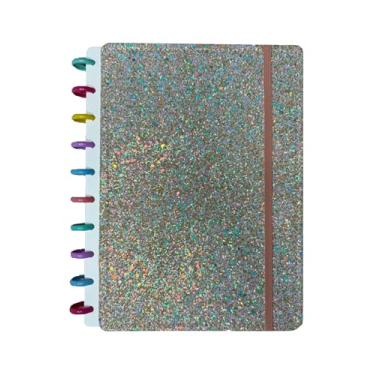 Imagem de Caderno de Disco Capa Glitter, com elástico, 18,5cmx25,5cm - 80 páginas (Prata-rosa)