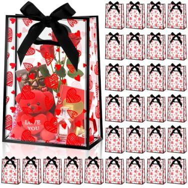Imagem de Hillban Pacote com 30 sacos de presente de coração dos namorados com alças 26 x 18 x 8 cm, sacos de plástico para doces com laços de fita para embrulhar presentes, casamentos, aniversários, formaturas