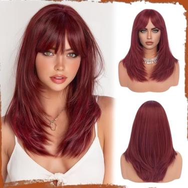 Imagem de Sofeiyan Peruca longa lisa com franja, 40 cm vermelho escuro bordô peruca com efeito de camada, perucas de cabelo sintético natural para mulheres, adequado para festas diárias ocasiões festivas