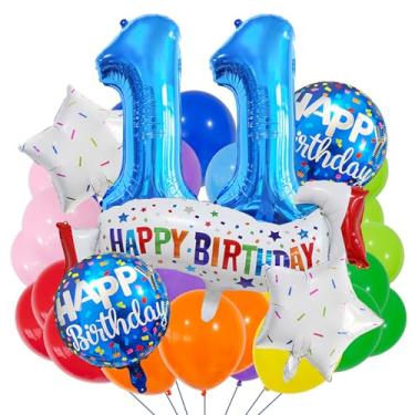 Imagem de Conjunto de decoração de 11 anos, conjunto de decoração de 11º aniversário azul colorido balão de banner de feliz aniversário de 11 anos para meninas, meninos, crianças, adultos, artigos de festa