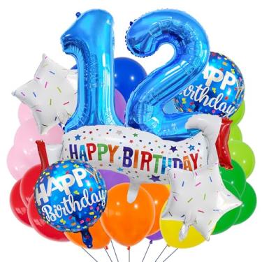 Imagem de Conjunto de decoração de 12 anos, conjunto de decoração de 12 anos azul colorido balão de banner de feliz aniversário de 12 anos para meninas, meninos, crianças, adultos, artigos de festa, decoração