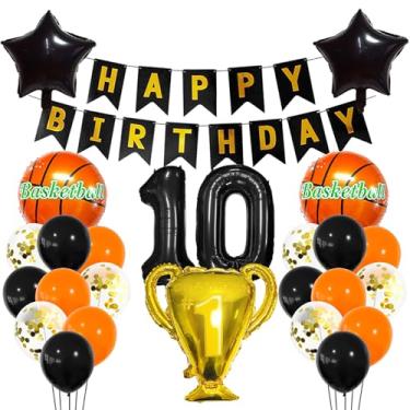 Imagem de Balão esportivo preto de 10 anos, decoração esportiva de 10 anos, 10 anos, troféu de basquete, 10 balões, tema esportivo de basquete dourado, decoração de festa para crianças, meninos, decoração de