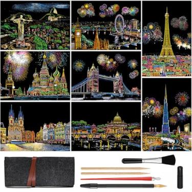 Imagem de VTEAS Scratch & Sketch Art for Teens & Adults - 4 Sheets Scratch Cards & Drawing Pen, Clean Brush, Rainbow Painting Night View Scratchboard (A4), Art & Craft (Landmark Building)