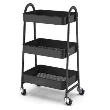 Imagem de Prateleira de Metal Multiuso 3 Andares com Rodinhas, Preta, 77x30x45cm, Organizador Portátil para Cozinha, Banheiro, Escritório