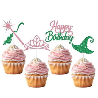 Imagem de Witch and Princess Happy Birthday Cupcake Toppers, Have a W*cked Birthday Decorations, Pink and Green Cupcake Picks, Movie Princess Witch Party Decorations 20pcs