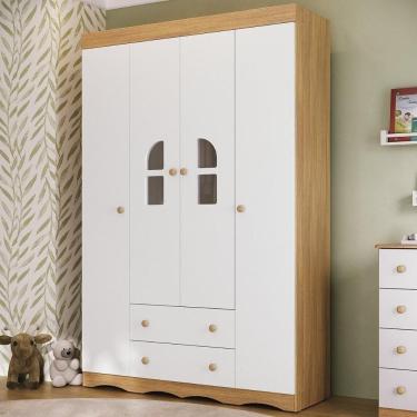 Imagem de Guarda-roupa Infantil 122cm Com Vidro 4 Portas E 2 Gavetas Liz Multimóveis MP4514 Madeirado/branco