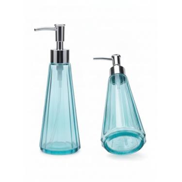 Imagem de Dispenser de Sabão Líquido em Vidro Azul com Bomba Cromada, 21.9 cm, Design Cônico Elegante para Banheiro