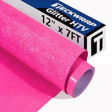 Imagem de TECKWRAP Vinil de transferência de calor HTV com glitter rosa choque, 30,5 cm x 1,8 m rosa choque glitter ferro em vinil para camiseta, vestuário, bolsa, aparência de roupas faça você mesmo