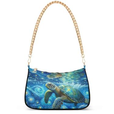 Imagem de Bolsas femininas de inverno com pintura de trem da vila fofas pequenas bolsas femininas bolsas femininas com corrente de ombro bolsas de ombro festa, Tartaruga marinha noite estrelada Van Gogh