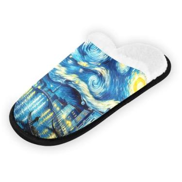 Imagem de Chinelos de quarto portáteis de dragão unicórnio ovos de Páscoa para mulheres, chinelos de casa masculinos, chinelos de hospital 35-45, Pintura a óleo Noite Estrelada de Veneza, 5-8 US Women/5-8 US