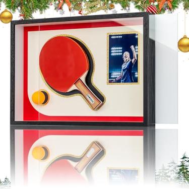 Imagem de SAMSUSU Raquete de tênis de mesa preta de 30 x 43 cm, moldura de caixa de sombra, estojo de exibição de raquete de pingue-pongue com compartimento para fotos, exibição de lembranças esportivas para