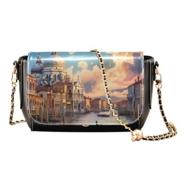 Imagem de Bolsa tiracolo para edifícios e casas na água com alça de corrente, bolsas tiracolo femininas de couro, bolsas transversais de verão para mulheres, Casas em cada lado da água 1, One Size