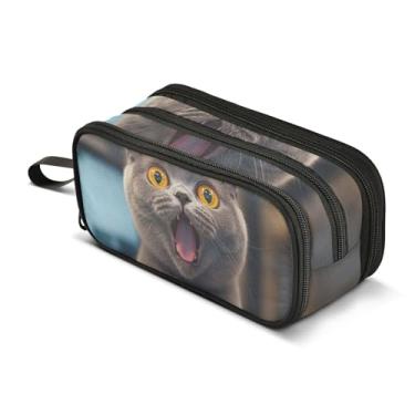 Imagem de Estojo de lápis com estampa de arte, bolsa grande para sala de aula, para meninos, faculdade, escola, material de escritório, fofo, surpresa, bolsa de armazenamento de lápis de gato cinza