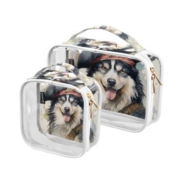 Imagem de GAIGEO River was Recently Repainted Bolsa de maquiagem transparente para viagem, bolsa de maquiagem para carro, bolsa de viagem de higiene para mulheres, pacote com 2, Husky usando um chapéu de pirata