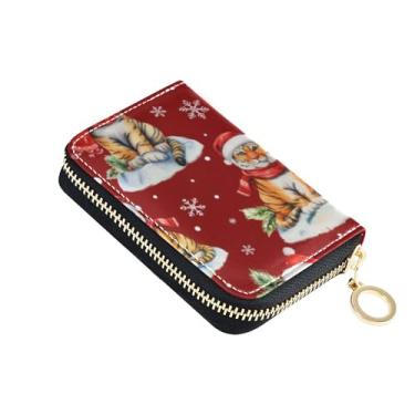 Imagem de Lindo lenço de Papai Noel vermelho tigre para mulheres, pequeno porta-cartões com bloqueio de RFID, bolsa de moedas colorida fofa com zíper
