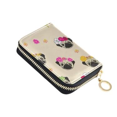 Imagem de Porta-cartões de crédito com bloqueio de RFID, carteira feminina de couro, para viagem, dinheiro, bolso para moedas, pugs fofos, flor, bege, animal