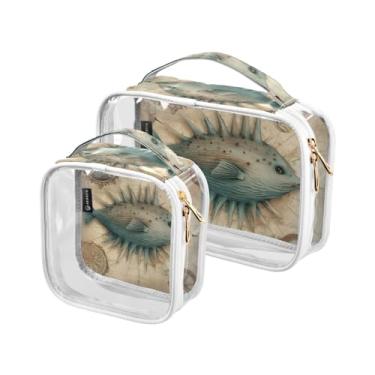 Imagem de GAIGEO Bolsa transparente de viagem com estampa de morangos, bolsa transparente para cosméticos, bolsas transparentes para viagens, Peixe baiacu vintage envelhecido marinho, one size