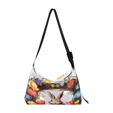 Imagem de Bolsa tiracolo vegana Two Bunny Rabbits Sitting in Basket, bolsa de ombro de couro sintético, bolsa tiracolo masculina, Guirlanda de tulipas coloridas Coelhinho da Páscoa - 2, One Size