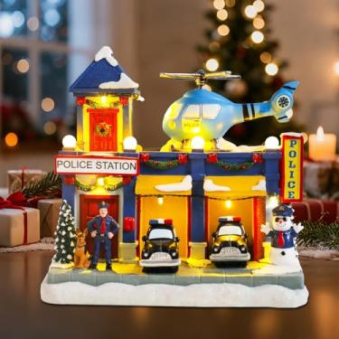 Imagem de WONDER GARDEN Casas de Natal - Casas de Natal - Edifícios colecionáveis de delegacia de polícia musical iluminada com carro e helicóptero em movimento para decoração interna de casa ou presente