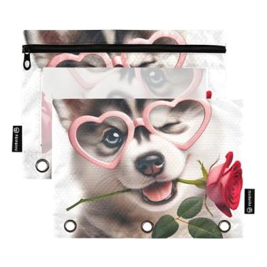 Imagem de GAIGEO Pasta para meninos, 3 anéis, estojo para lápis, fichário com zíper, transparente, fichário, estojo para canetas, escola, husky, cachorro, dia dos namorados, 25 x 18 cm, 2 pacotes