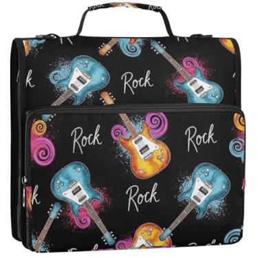 Imagem de Organizador de fichário com zíper preto para guitarras coloridas, 3 argolas de 3 cm, bolsa de fichário com alça para armazenamento escolar, pasta de portfólio com alça, 34,5 x 31,5 x 9 cm